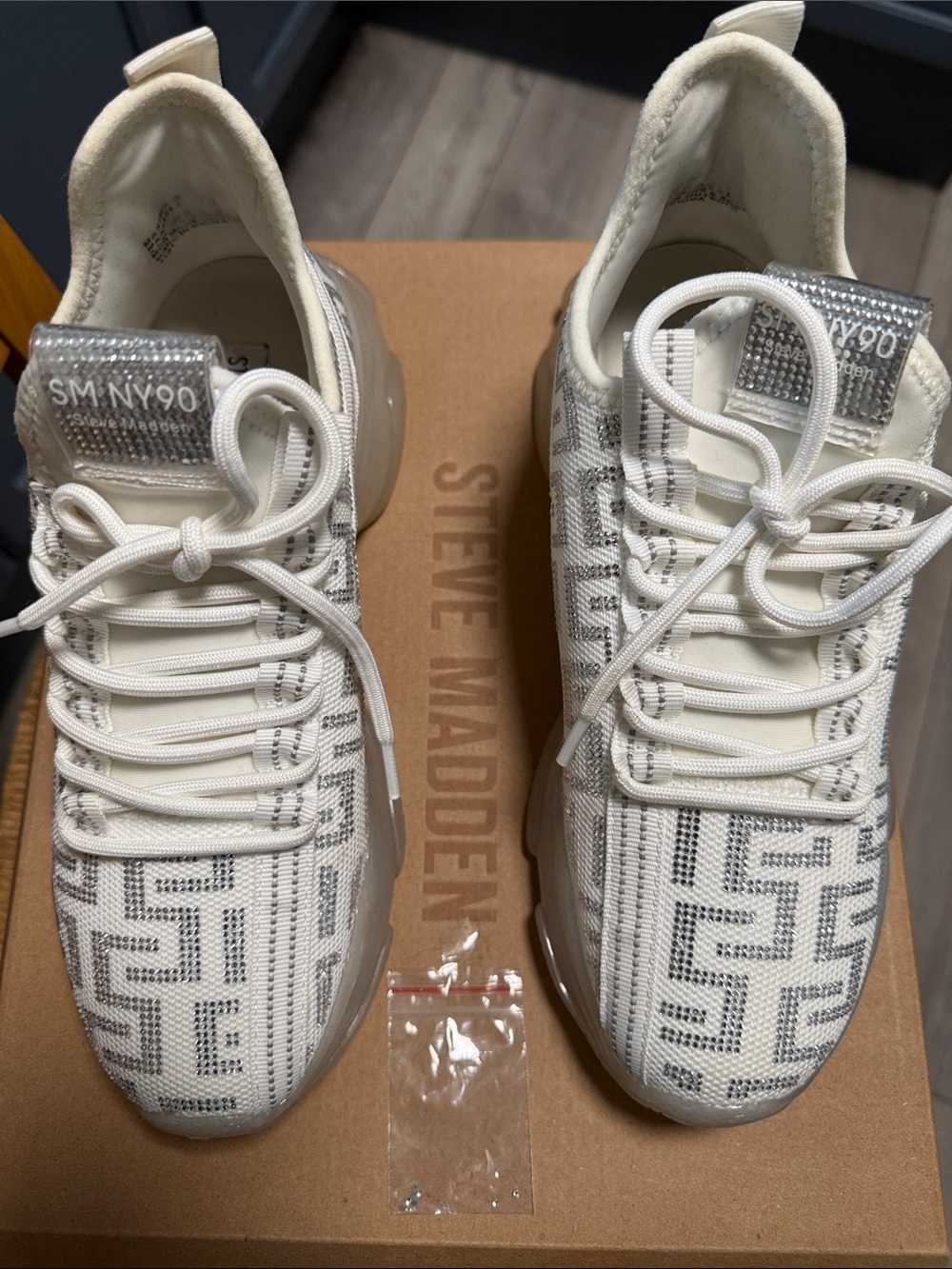 Steve Madden Women’s White Knit Sneakers with Silver Sparkle Pattern